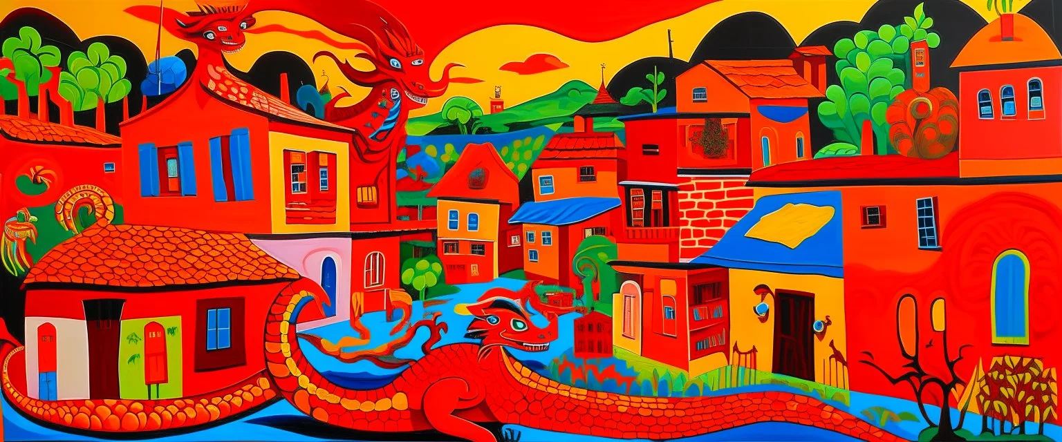 An orangish red village with a fiery dragon palace designed in Australian aboriginal art painted by Stuart Davis