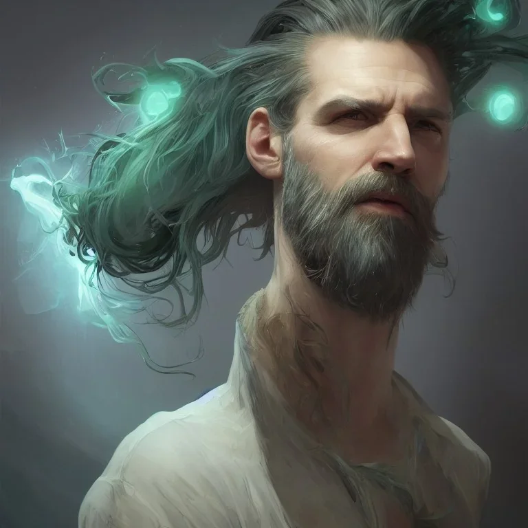 "MIddle aged white human male, with a trimmed but uneven beard, piercing green eyes with slick back hair head and shoulders portrait, 8k resolution concept art portrait by Greg Rutkowski, Artgerm, WLOP, Alphonse Mucha dynamic lighting hyperdetailed intricately detailed Splash art trending on Artstation triadic colors Unreal Engine 5 volumetric lighting Splash art fantasy"