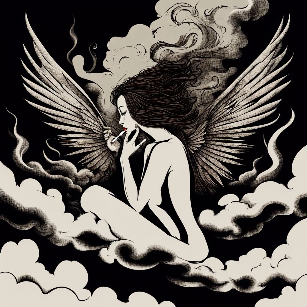 woman sitting forward Her face upward and blows cigarette smoke from their mouth upward. a figure with wings emerging from its back. behind the clouds of smoke look death. dark and mysterious