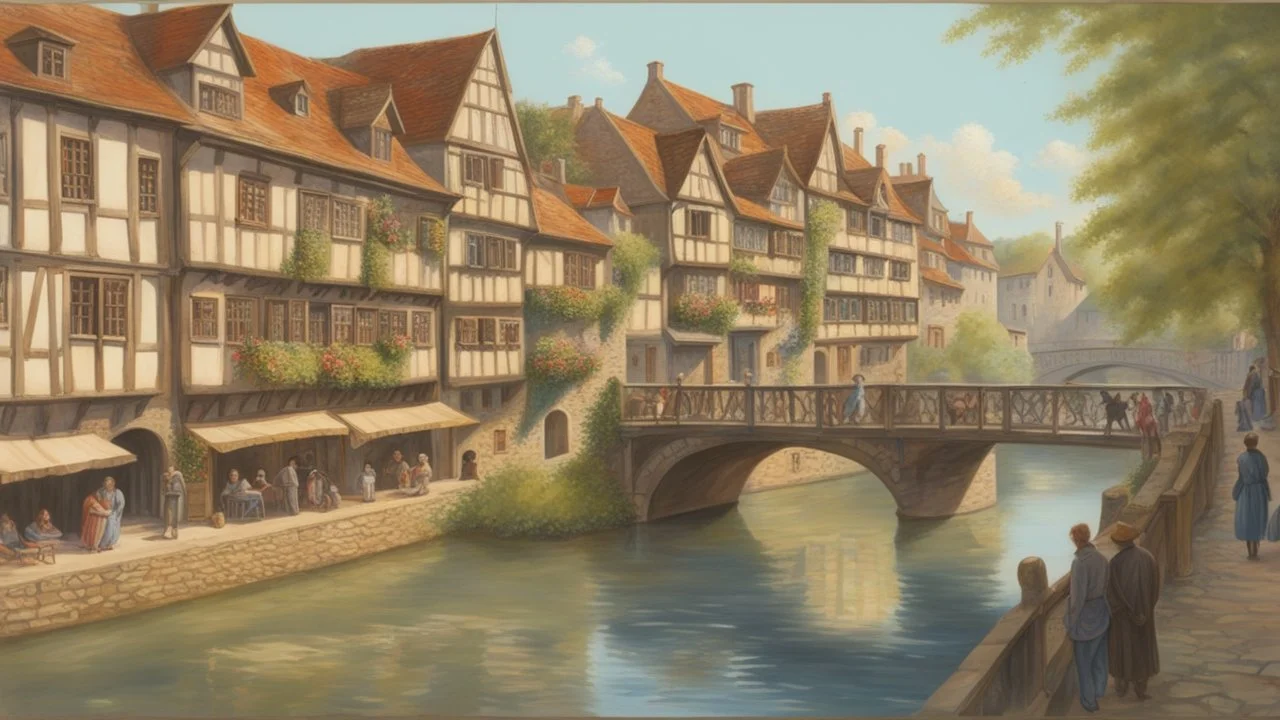 medieval buildings, balconies overhanging a river, blue sky and people, photorealism, trees, foliage, piers,