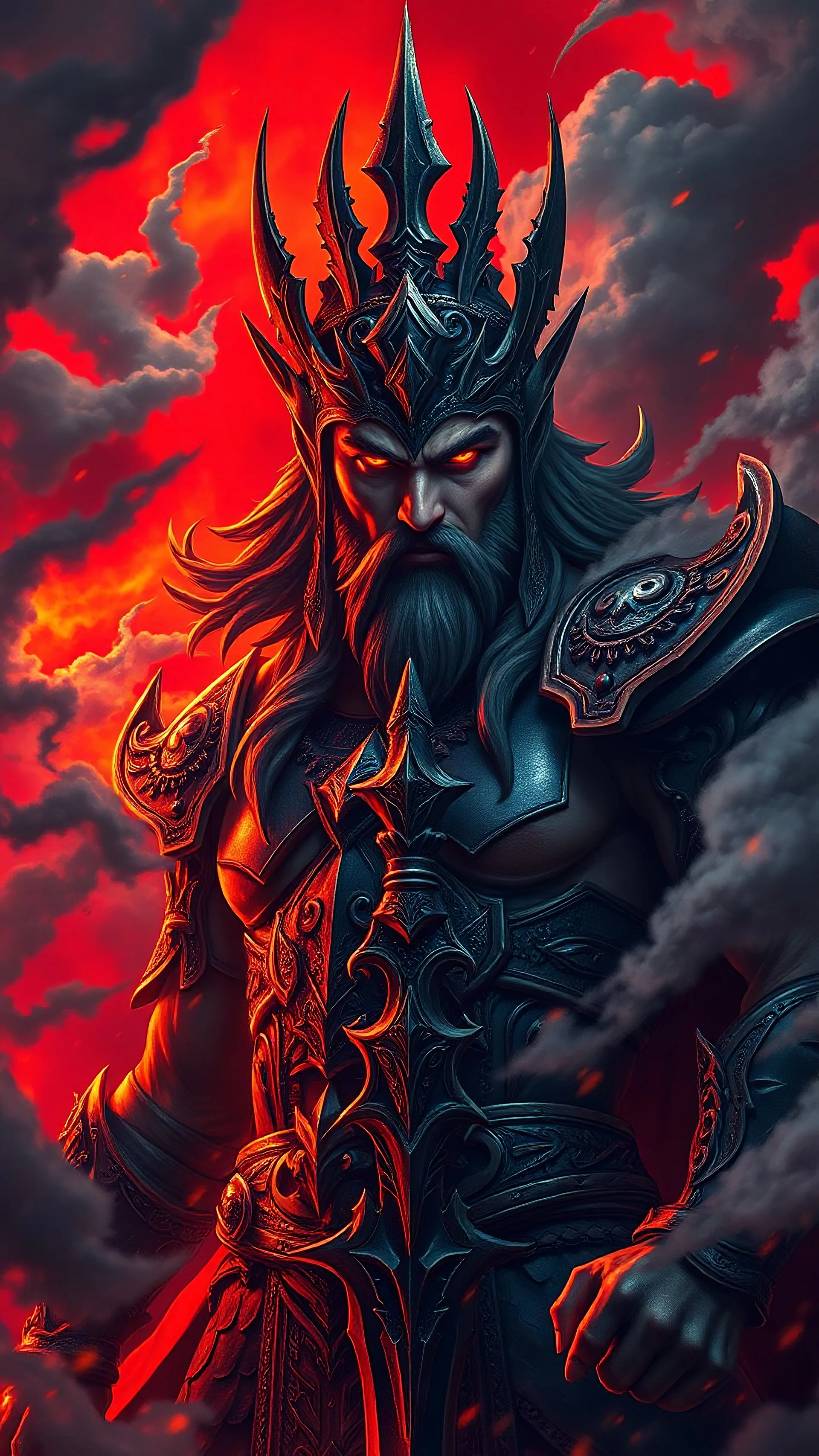 A powerful mythological warrior in elaborate, ornate armor stands in a storm of swirling clouds and fire. His face shows intensity and determination, his eyes glowing with strength. He wears a crown with sharp, symbolic details and holds a blade as dark clouds surround him. The background is a vivid red sky, and the lighting creates a dramatic and otherworldly atmosphere