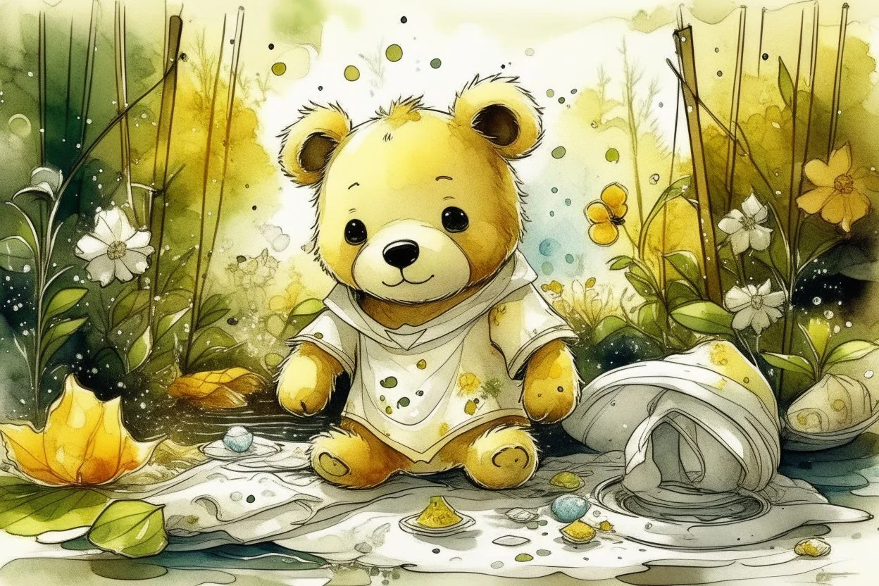 close-up of a cute chibi teddy bear packing piles of white clothes in the forest, laundry machine, grass and flowers next to him, melting watercolour and black ink outlines on wet paper, photorealistic, golden glitters S<AI in sunshine, ethereal, cinematic postprocessing