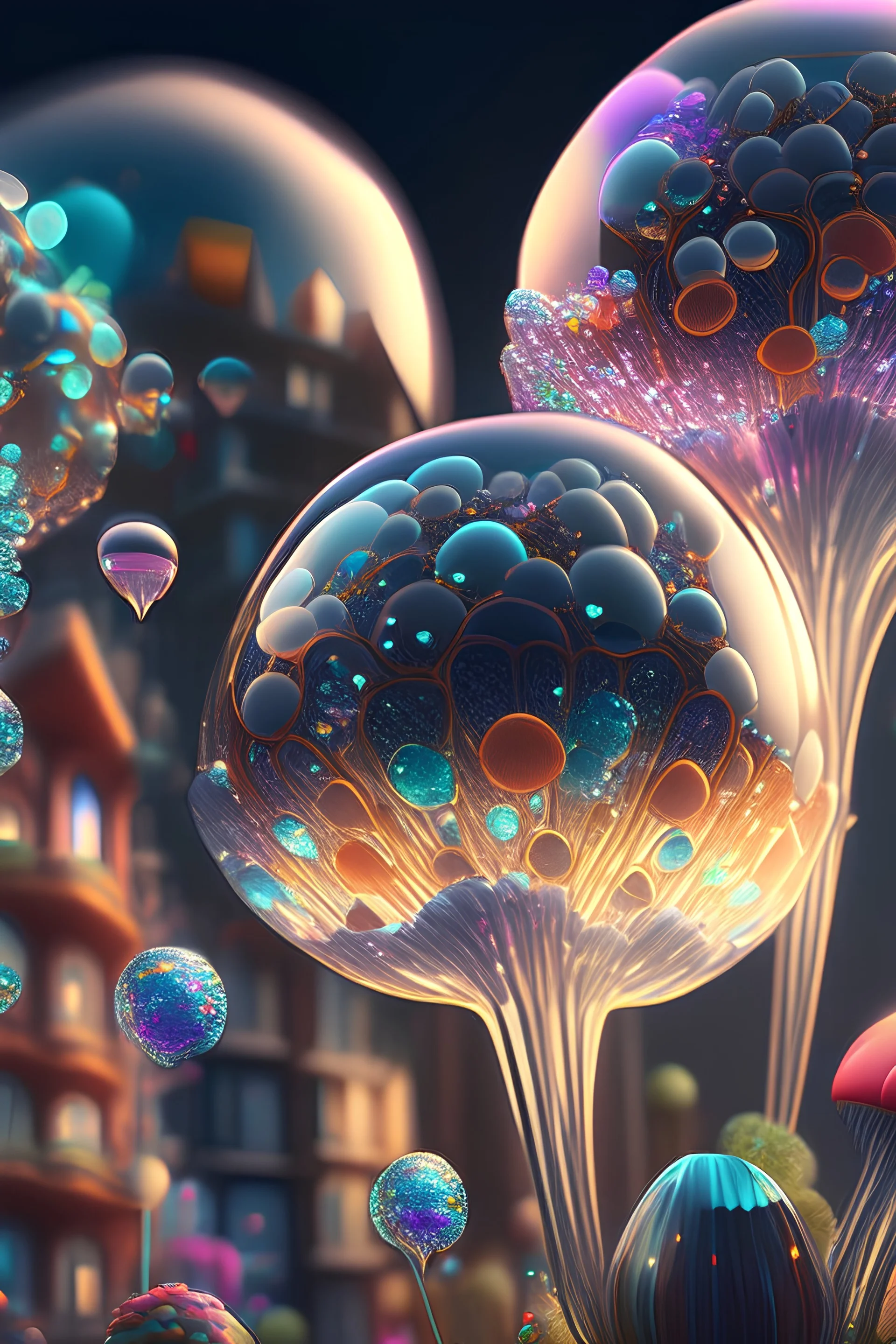 Colorful Glass Balloons houses portrait cityscape adorned with diamonds and Unreal Engine 5crystals textured flower crystals, organic bio spinal ribbed detail of glowing mushroom extremely detailed hyperrealistic epic concept art 8k resolution