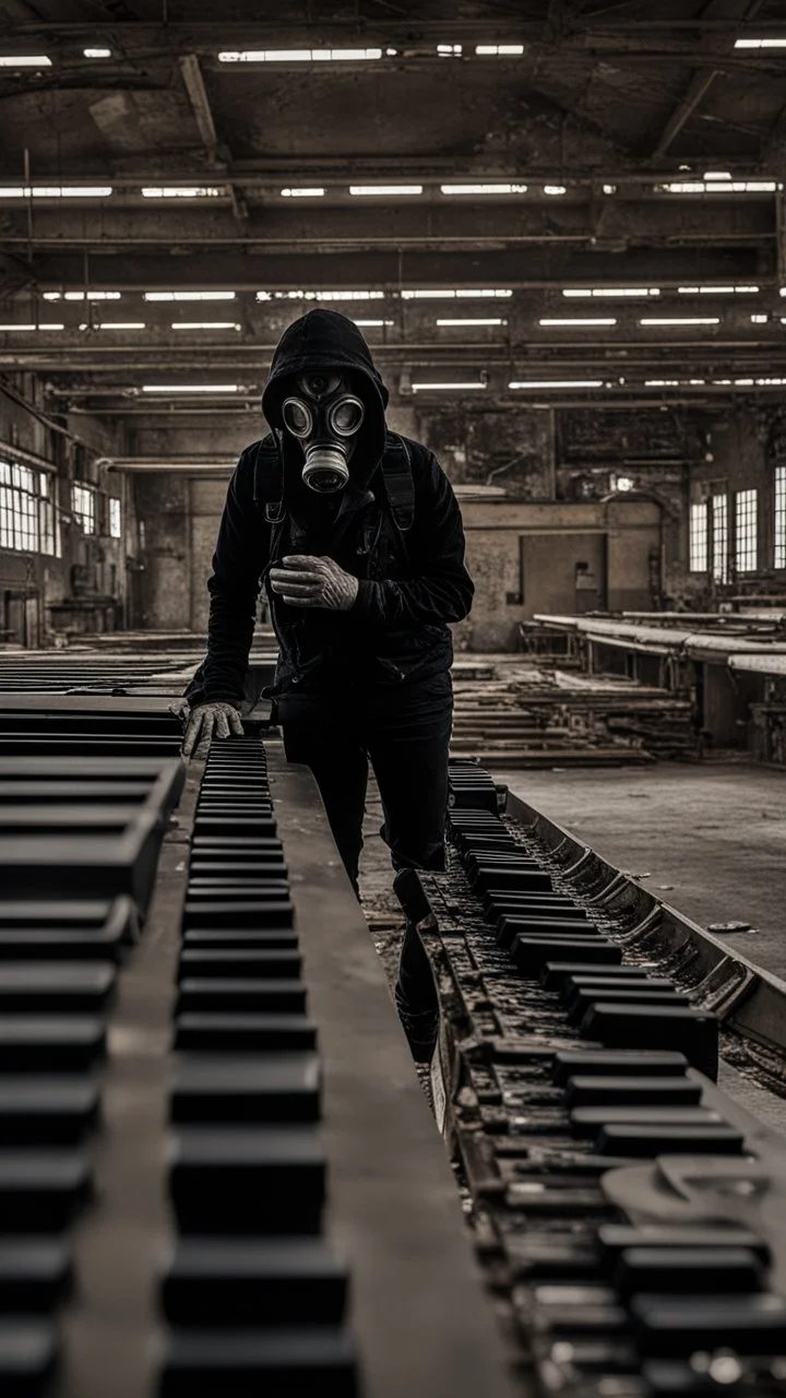 a person with a gas mask in an abandoned big massive factory, playing with a modular synth piano