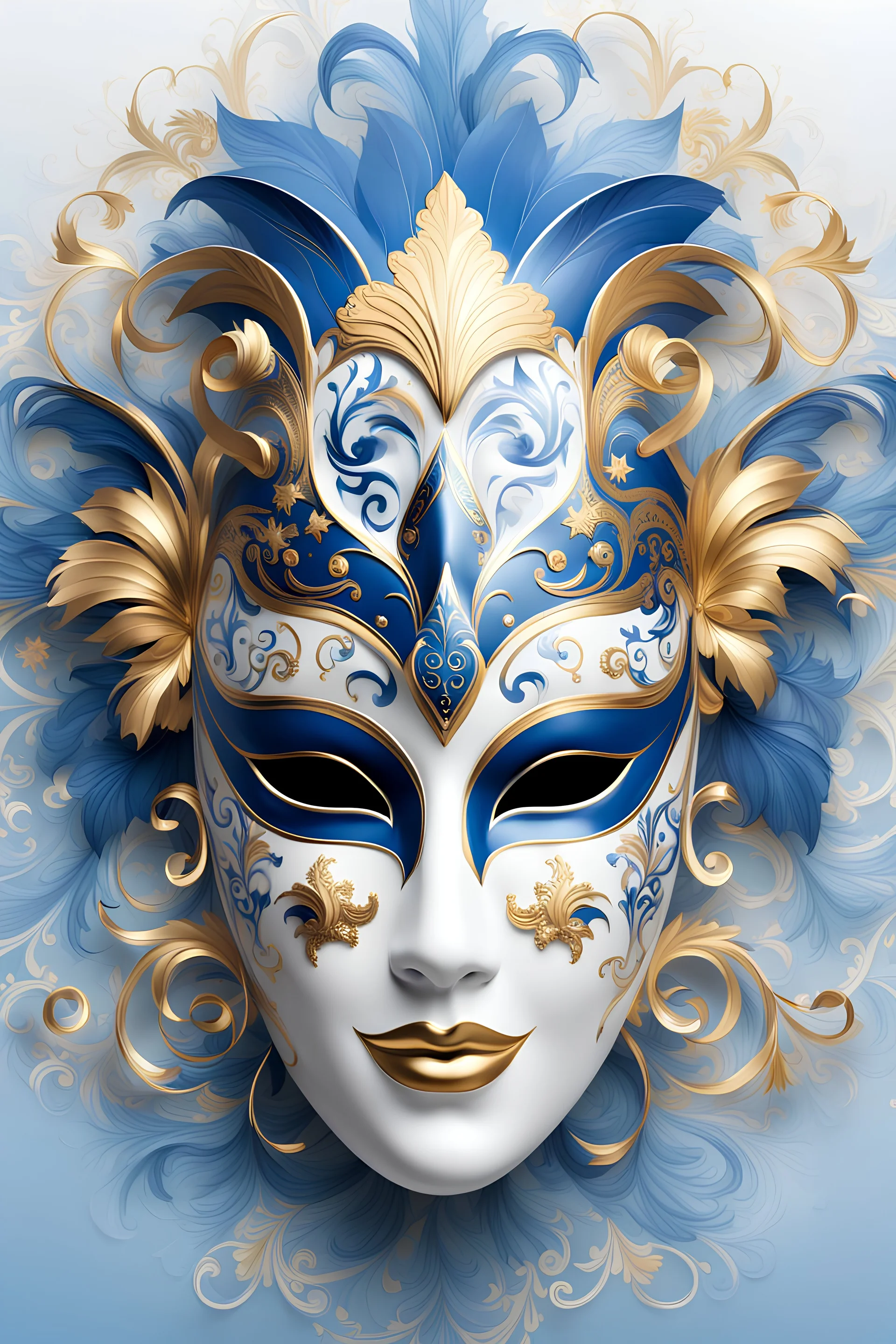 Generate an illustration of a festive carnival porcelain white blue gold mask , the joyful atmosphere over a misty Venice background.