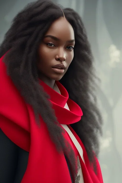 A portrait of a beautiful curvaceous black woman with long hair, wearing a red scarf, wizard, magical, ethereal, intricate, realistic lighting, soft lighting, Concept art by wlop, Ultra quality 8k, Ultra Realistic