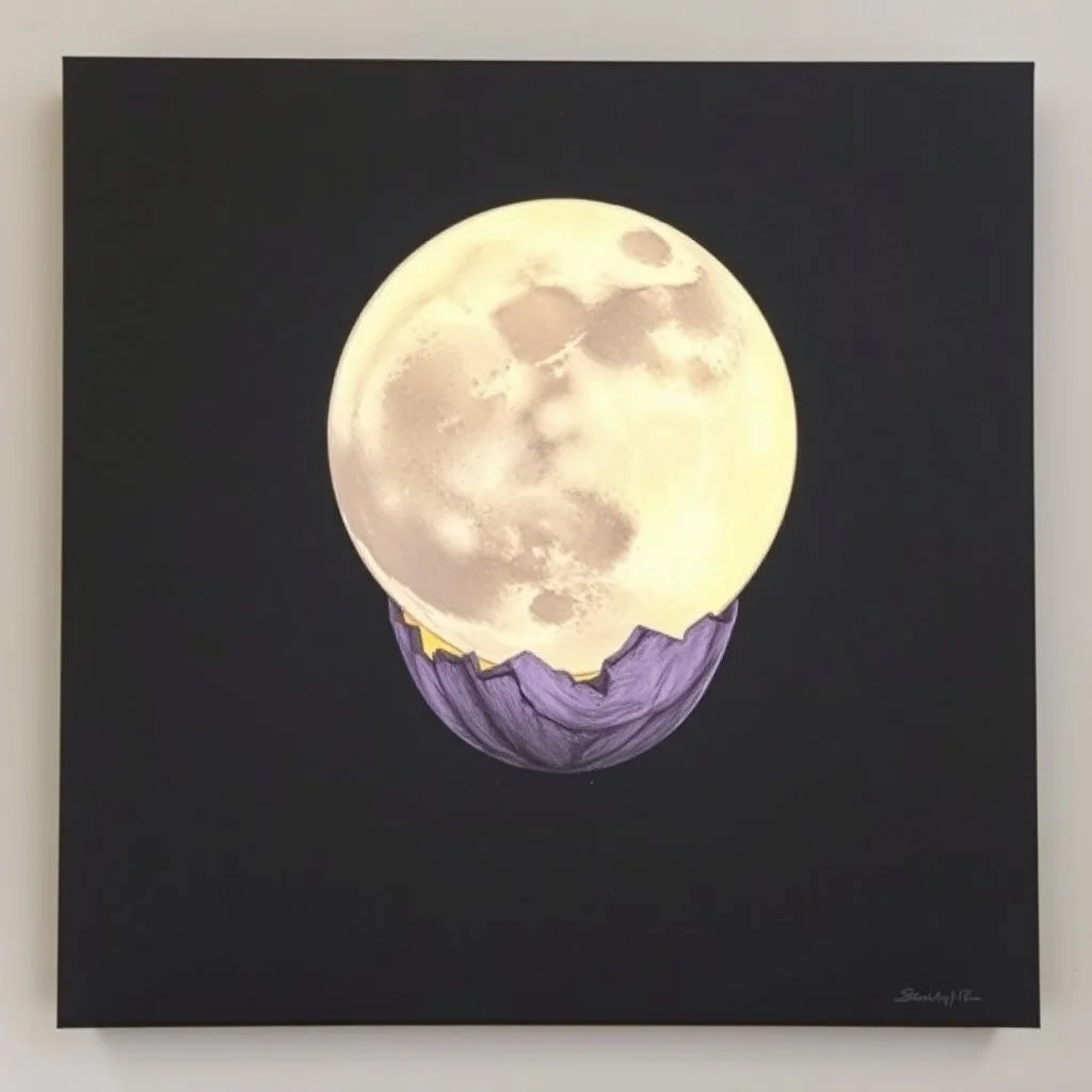 surrealist image on a dark canvas of a surreal illustration of a colossal ethereal egg-like moon in the sky that is cracked with a lavender gold twilight emerging from the egg spreading into the empty sky, classic surrealist drawing and composition, minimal concept art