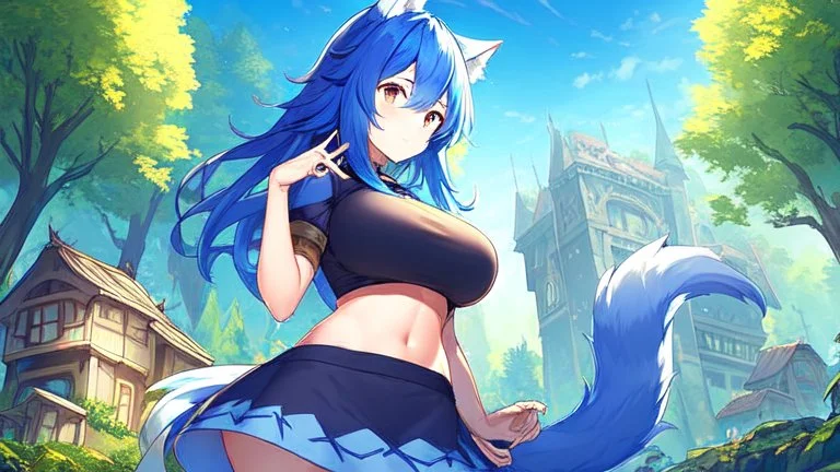 Girl look like wolf, wolf paws on hand , animal paws, wolf ears, wolf tail,blue hair, house, open navel,(2: big breasts), forest, small river.