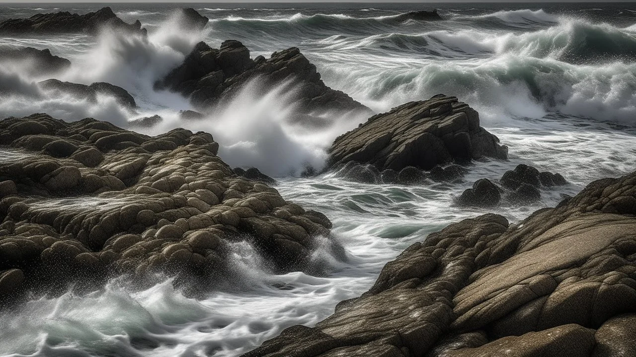 Winter's Rocky Coastline A rugged, rocky coastline battered by a fierce winter storm. The waves crash against the rocks, showcasing nature's raw power and untamed beauty.