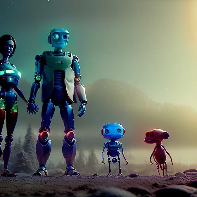 Ultra Realistic family portrait, father, mother, daughter, alien pet, assistant robot, room home, retro futuristic scene, wes Anderson style. smile, happy, gradient color fog. highly detailed, concept art, unreal engine 5, ray tracing, RTX, lumen lighting, ultra detail, volumetric lighting, 3d, finely drawn, high definition, high resolution.