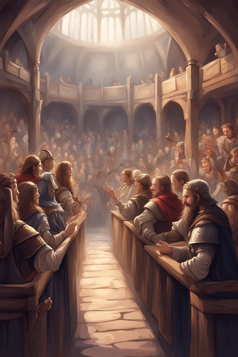 illustration fantasy medieval people applauding in arena stalls