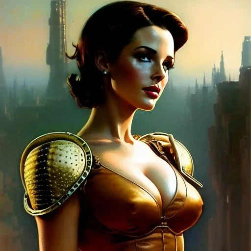 Drawing of beautiful face,'beautiful,Busty Cait(Fallout4)',intense stare, ancient skintight armor, balanciaga fashion clothe painting by gaston bussiere, greg rutkowski, yoji shinkawa, yoshitaka amano, tsutomu nihei, donato giancola, tim hildebrandt,KyuYong Eom, Oil on canvas, cinematic composition, extreme detail,fit full head inside picture,16k