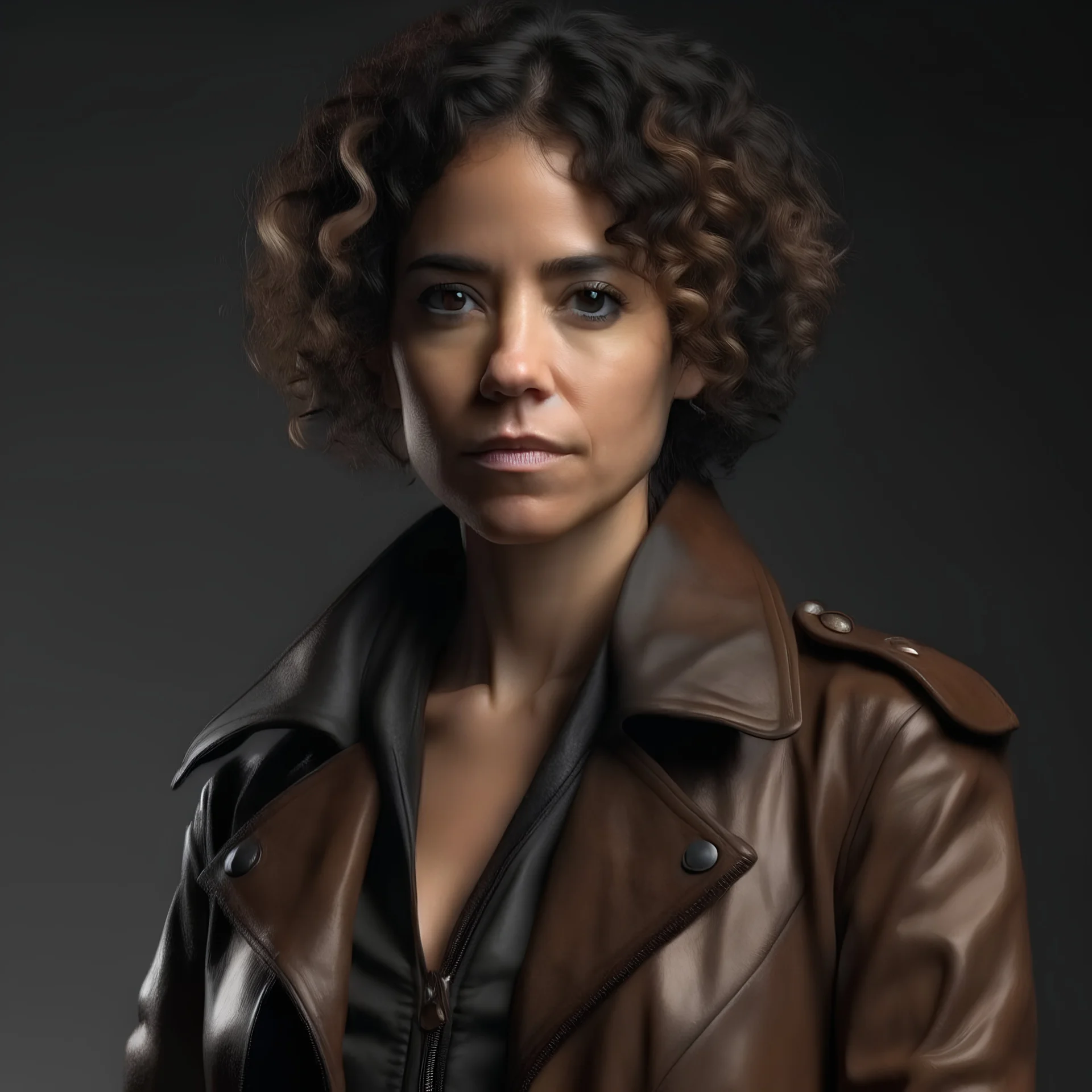 brown skinned woman with short dark curly hair wearing a tunic and leather coat