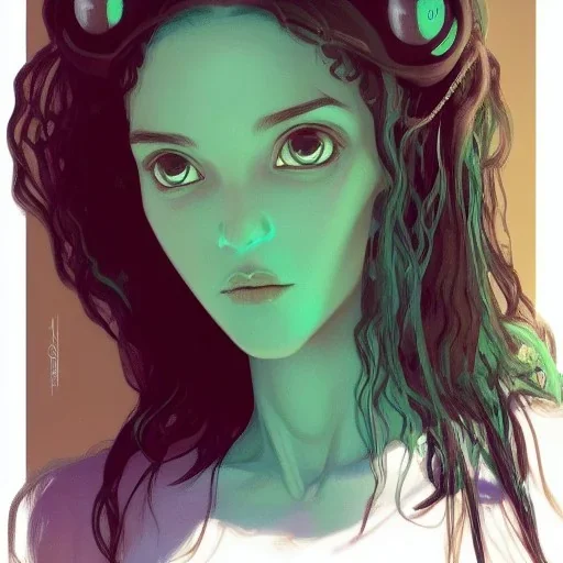 alien girl, cute, beautiful, long hair, curly hair, black hair, slim body, brown eyes, light green skin, turquoise dress, black tee shirt, green shorts, head and shoulders portrait, 8k resolution concept art portrait by Greg Rutkowski, Artgerm, WLOP, Alphonse Mucha dynamic lighting hyperdetailed intricately detailed