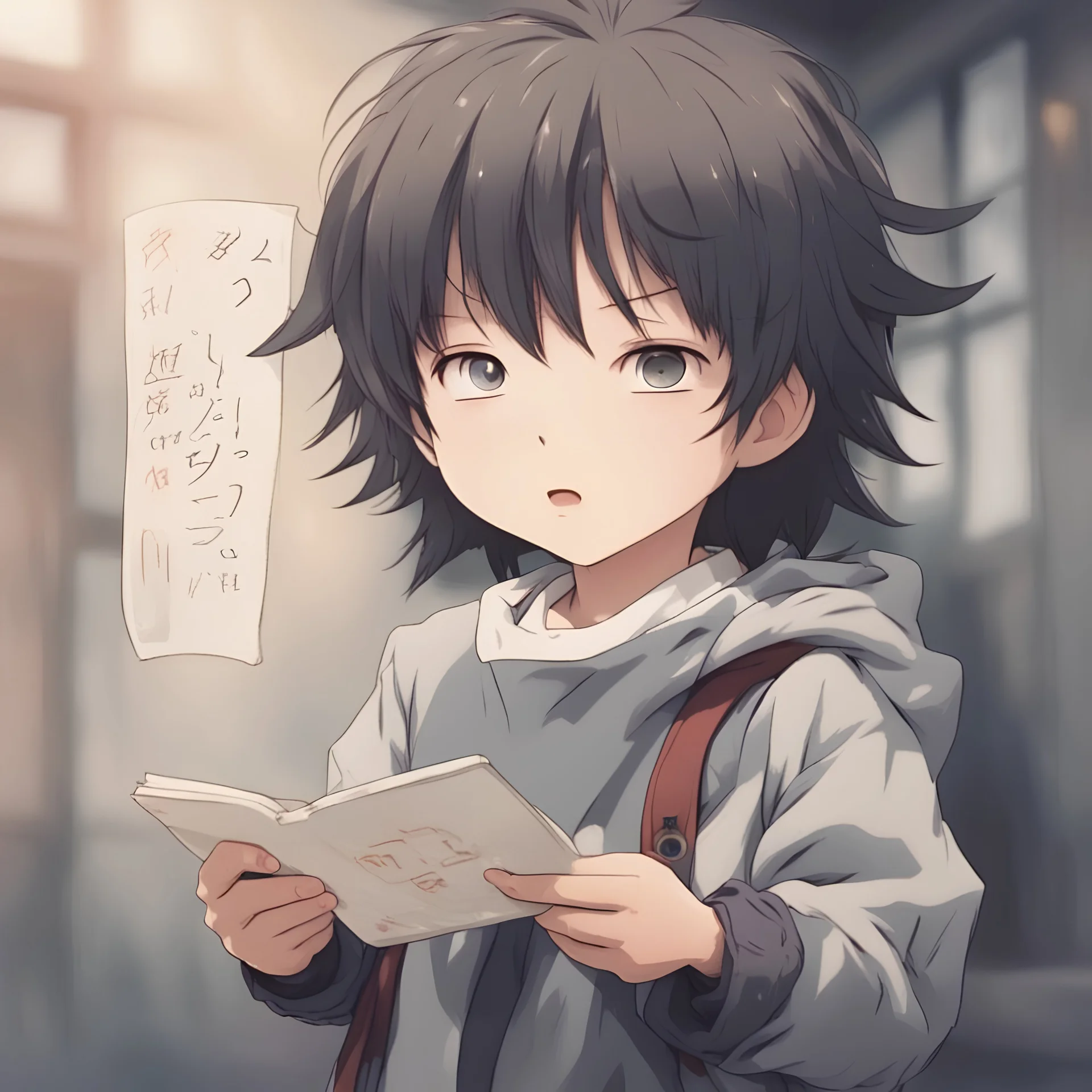 I want a picture of a child. He receives a message from a mysterious person. I want it to be an anime