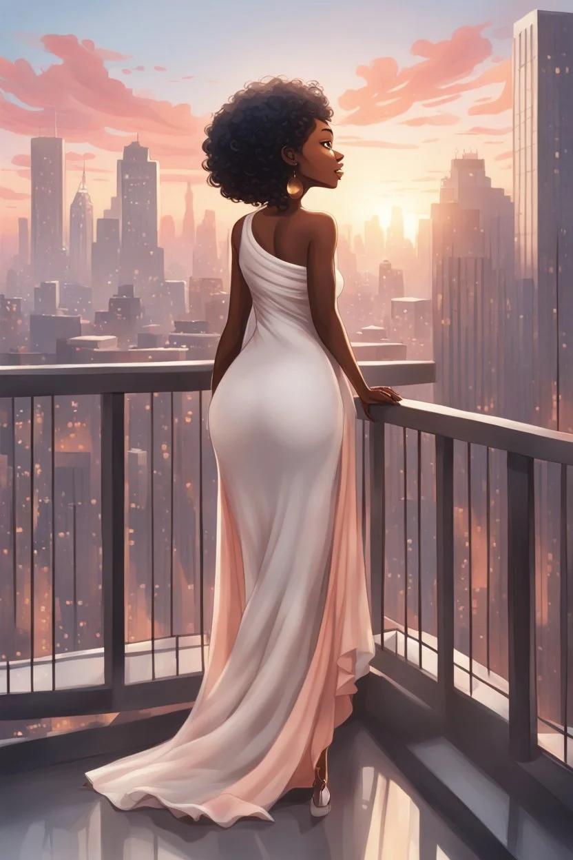 The scene opens onto a serene balcony overlooking a bustling city skyline. The sky above is painted in soft hues of gray and peach as the sun begins its descent, casting a warm glow over everything it touches. In the foreground stands a captivating figure, airbrush chibi cartoon curvy black woman exuding confidence and elegance. She is adorned in a flowing white knit maxi dress that hugs her curves in all the right places, accentuating her silhouette. Her choice of footwear is equally stunning