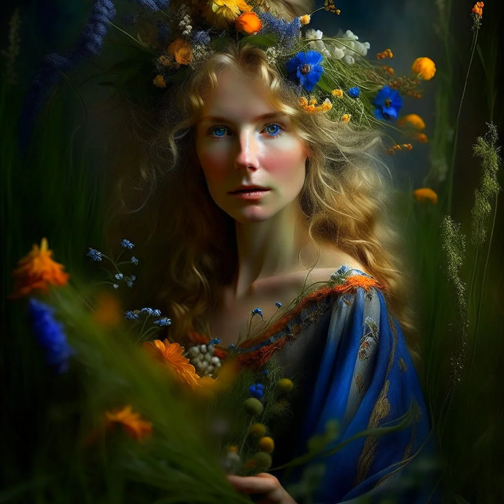 captivating conceptual portrait featuring a Swedish woman with cascading, ethereal hair and an enchanting aura. Her flowing gown is adorned with a diverse array of wildflowers, including Fireweed, Linden flower, Meadow sweet, Cornflower, St. John's wort, Stinging nettle, and Peppermint plant. Her delicate hand tenderly touches a mystical blackbird