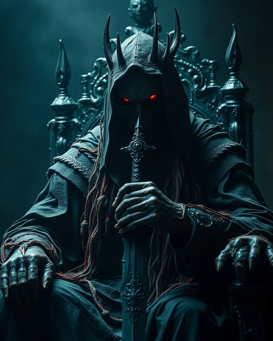 Epic Cinematic Realistic The horrific creepy dark without face just red eyes lighting of the Witch King veil,hooded and rotting infested with maggots,sitting his throne viewers arrogant pose ,king sword engrave