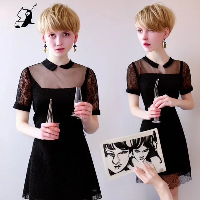 Russian boyish boylike female figure guy short man's haircut men's face boyish features in black girlish lacy cocktail dress earrings in restaurant