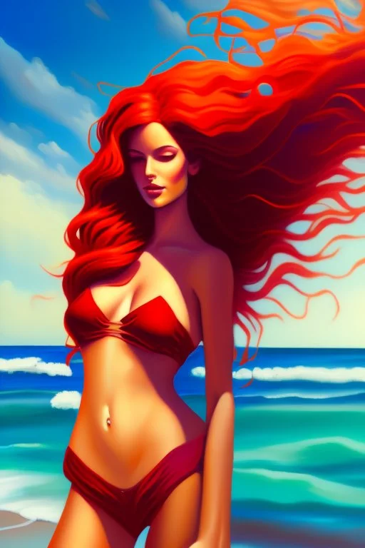 a painting of a woman in a bikini on the beach, an airbrush painting, inspired by Edmond Aman-Jean, featured on deviantart, with long red hair, as a panel of a marvel comic, warm weather, elegantly posing over you, airbrush render