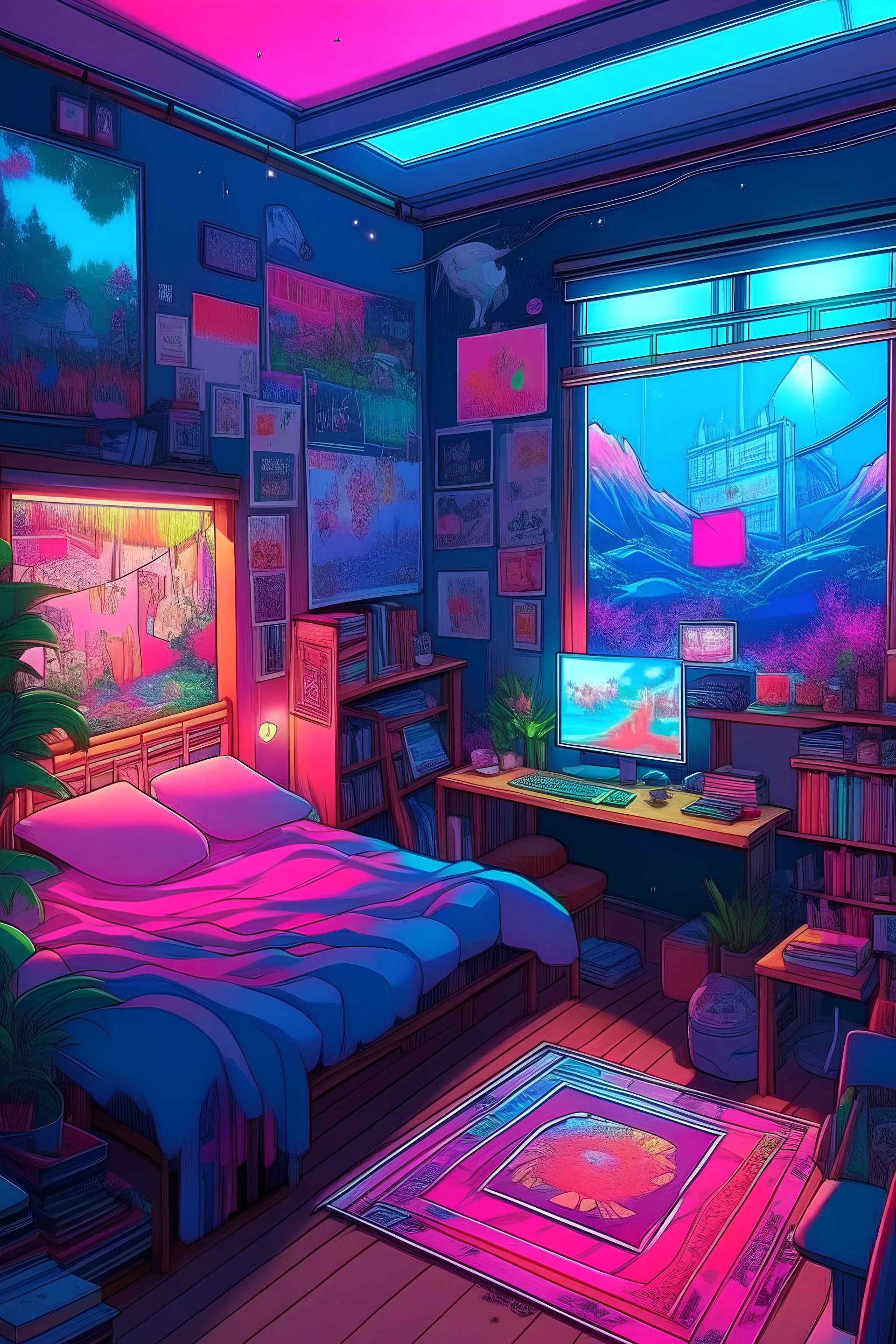 a drawing of the girl's room is adorned with neon and light up posters, in the style of anime aesthetic, webcam photography, studyblr, ultra detailed, trenchcore, use of screen tones