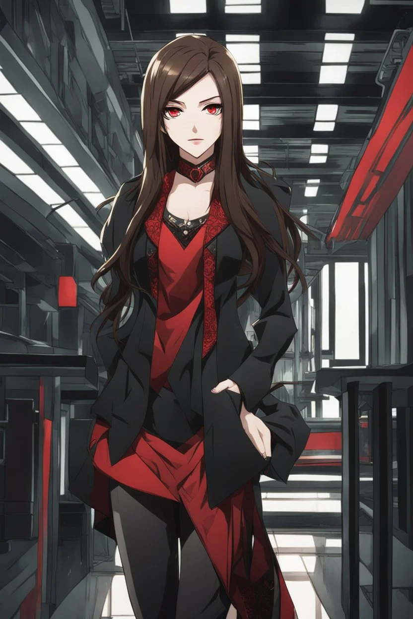 A young woman with pale skin and long brown hair in a modern setting with intricate details. Her attire is sleek black and red. She is smirking, has intense red eyes, intimidating presence, high definition. anime style.