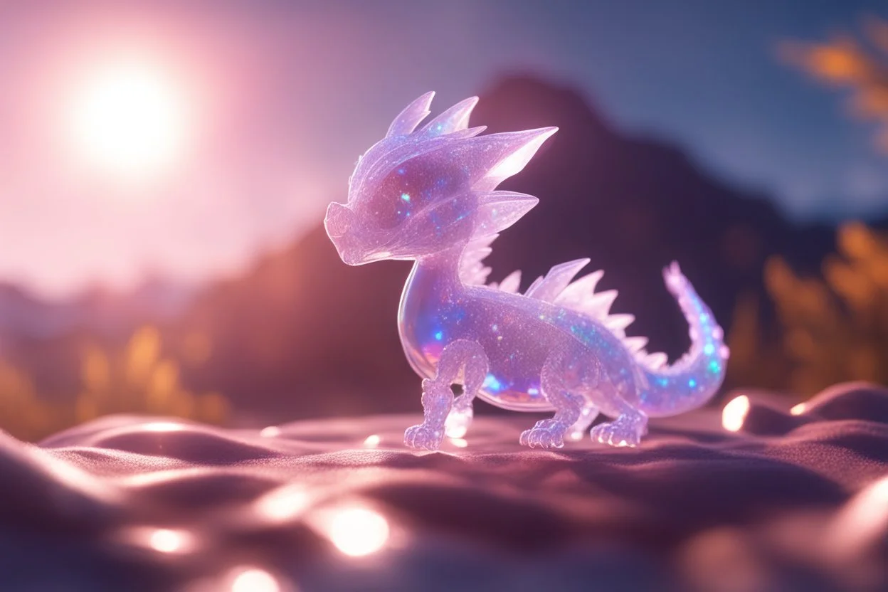 cute chibi anime little dragon, holographic, transparent sparkling crystal mountains in sunshine, ethereal, cinematic postprocessing, bokeh, dof