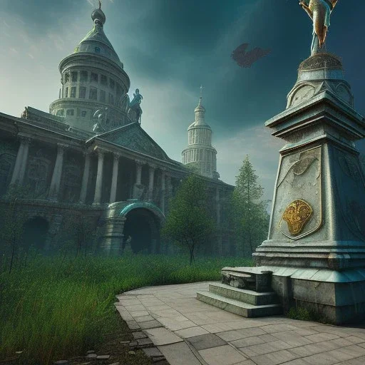 Monument, abandoned city centre, statue of human on top, look from distance, buildings visible whole statue, overgrown statue and monument, realistic, highly detailed