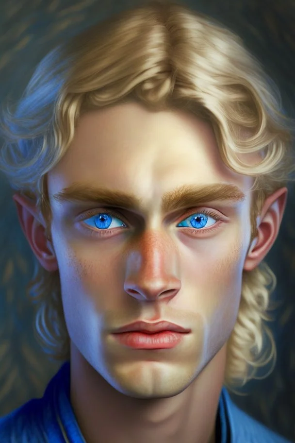 portrait of a young half-elf around 25 years old, light hair, blue eyes, greedy face, stern gaze