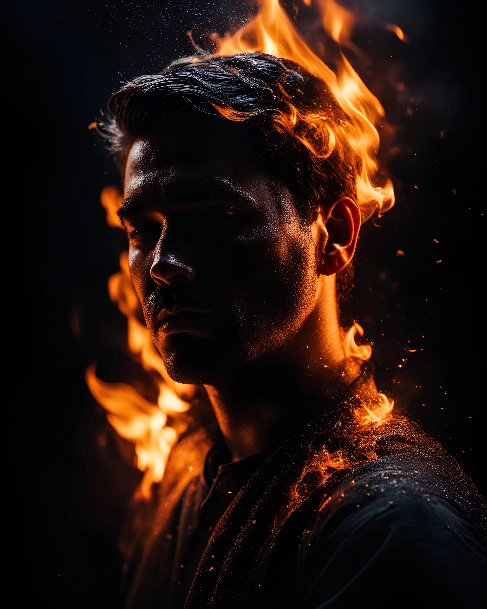 Masterpice, man melting, art, cinematic, {abstract}, heartless, depression, black background, atmospheric, fire, DLSR, soft focus, dispersion