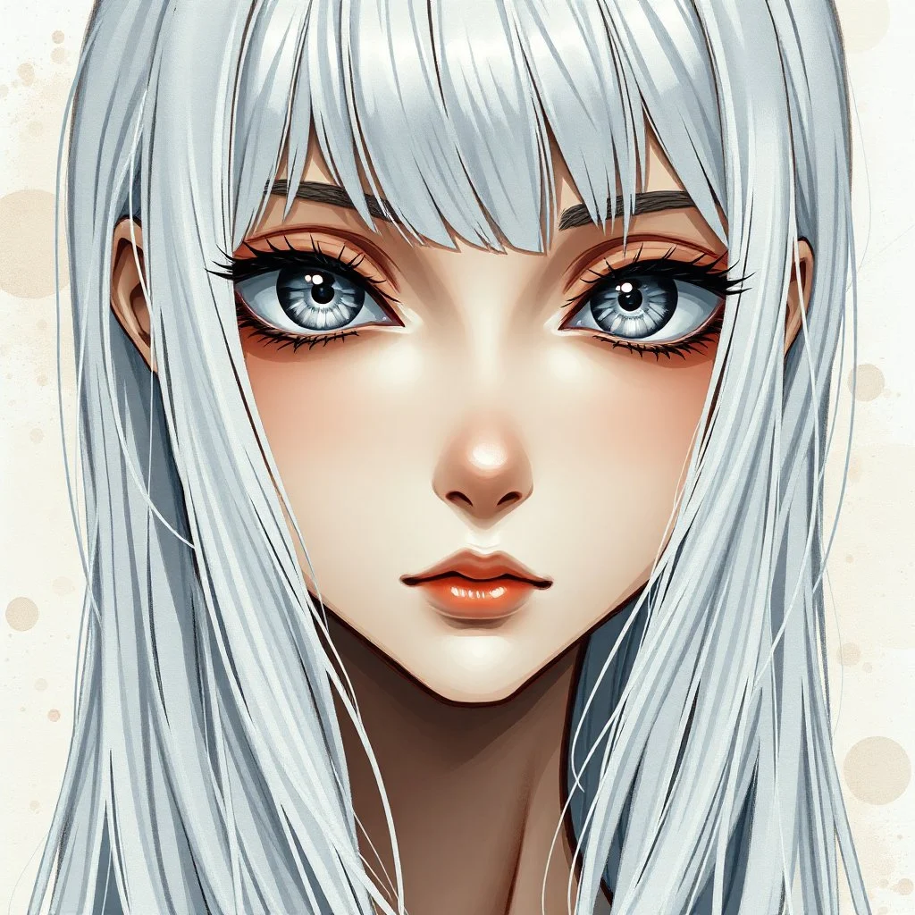 a close-up headshot of a shy young woman with long white hair, silver eyes with long lashes, slim delicate build, sickly complexion, soft brushy anime style, intricately detailed, splotchy watercolor background