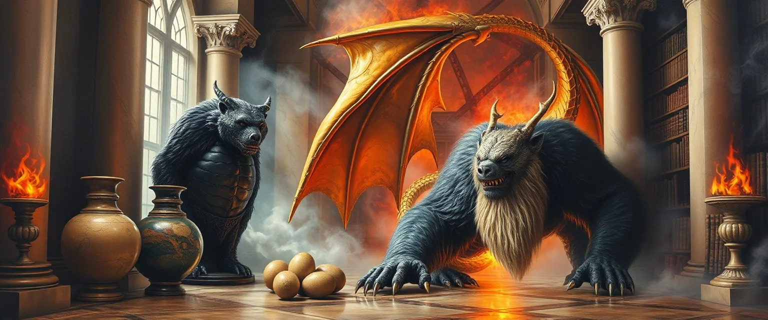 master oil painting by Escher and Giger, glaring vases and black humanoid reflective expressive long clunky obese elder troll bear and hidden magic aura golden dragon with beard inside marble hall library, cryptic eggs, sacred geometry, fire fog and steam border, fire elemental creature, twisted dimensional portal for ice elemetals only