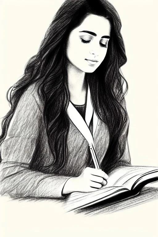 Pencil sketch of Young woman, Arab features,sad, long wavy hair, reading a book, full body، on lined paper