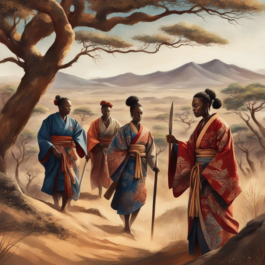 Warning: Close-up. Rich colors, intense sharpness. Cinematic and realistic illustration of African villagers in traditional kimonos, combining elements of samurai and kabuki aesthetics. They are working together in a savannah landscape, with a desert tree in the background. They care for lions and leopards, while their vibrant kimonos contrast with the earth tones of the surroundings.