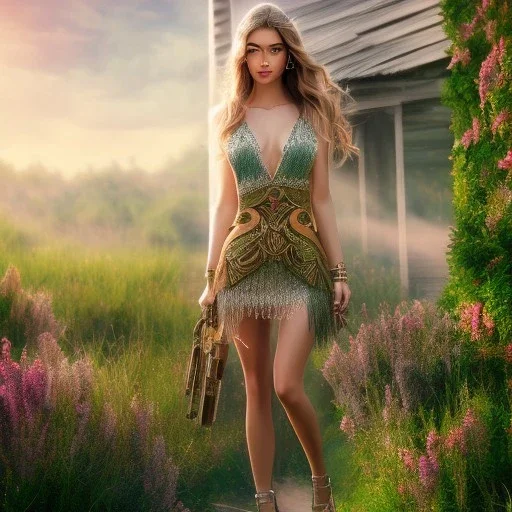 country side full body shot , woman standing,highly detailed, hyper-detailed, beautifully color-coded, insane details, intricate details, beautifully color graded, Cinematic, Color Grading,