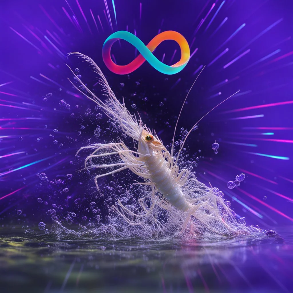 infinity symbol ∞ with vibrant powerful shrimp coming out of the water, striking, neon, chiaroscuro, dramatic, captivating, powerful, fantasy, beautiful, octane render, 16k post-production, artstation: award-winning: atmospheric: commanding: fantastical: clarity: ultra quality: striking: brilliance: stunning colors: amazing depth; lens: f/11, 35mm
