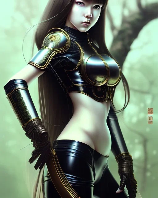 Detailed anime Kunoichi girl, long brown hair, green eyes, black latex bodysuit, intricate detail, portrait, keep head in frame, smile, black Japanese motif, concept art, highly detailed, digital painting, concept art, sharp focus, illustration, art by Yoji Shinkawa, WLOP and greg rutkowski and alphonse mucha and artgerm and yanjun Chen and Junji ito and Makoto Shinkai, HDR, octane render