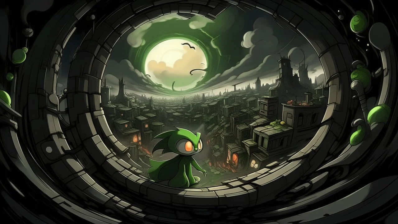 Highly detailed medium shot of Gardevoir creating a black hole in a city, darkness, clouds, fantasy, epic, ruble, ruins, pokemon