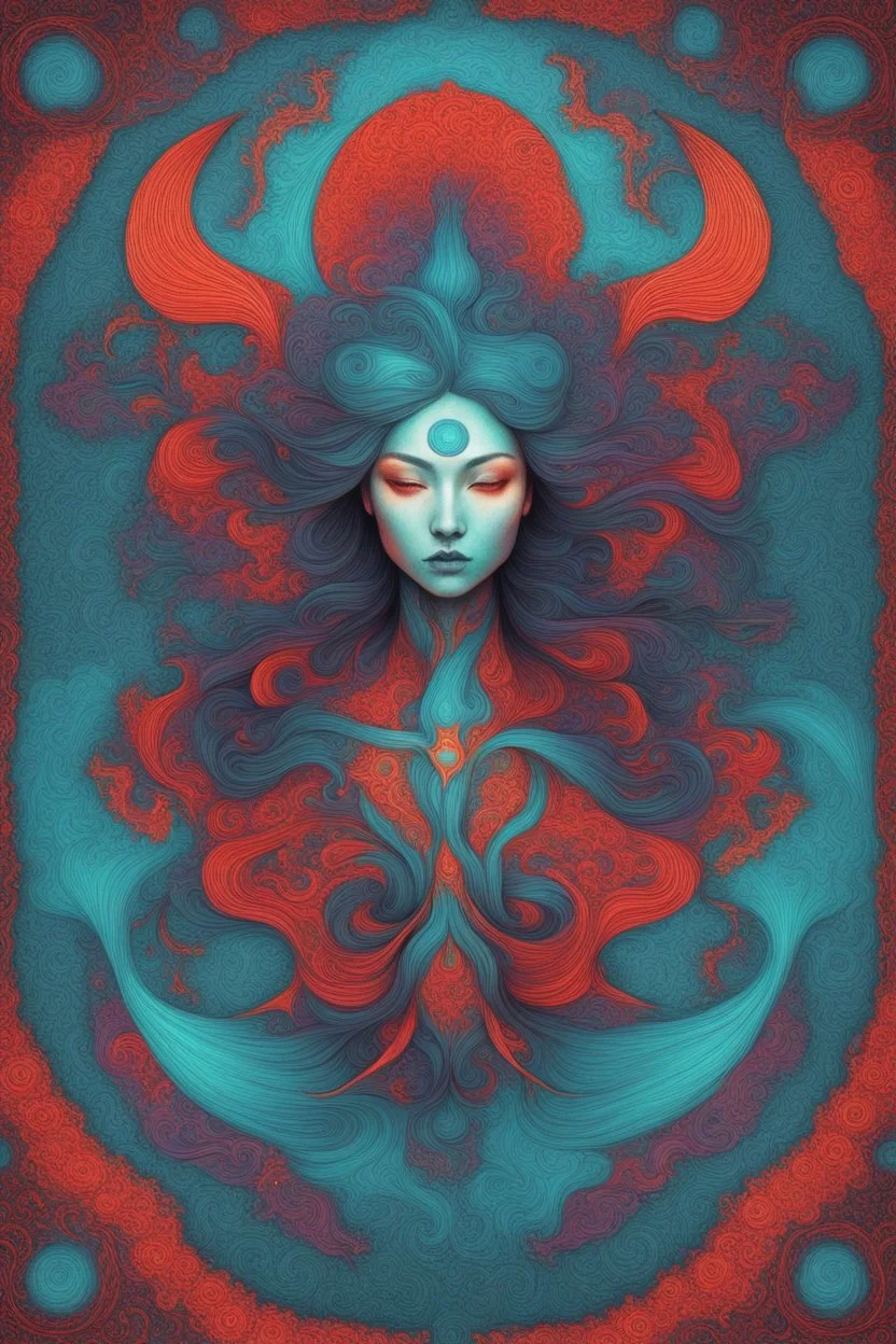 A beautiful woman, Elemental Sigil FluxFlowing elemental glyphs in kinetic psychedelic waves blending turquoise, fire red, and deep violet fractal textures. Style derived from Japanese psychedelic woodblock prints meets amphetameme. Colors: #40E0D0 (Turquoise), #B22222 (Fire Red), #4B0082 (Deep Violet)