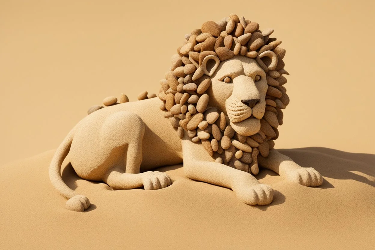 lion made of pebbles in sand