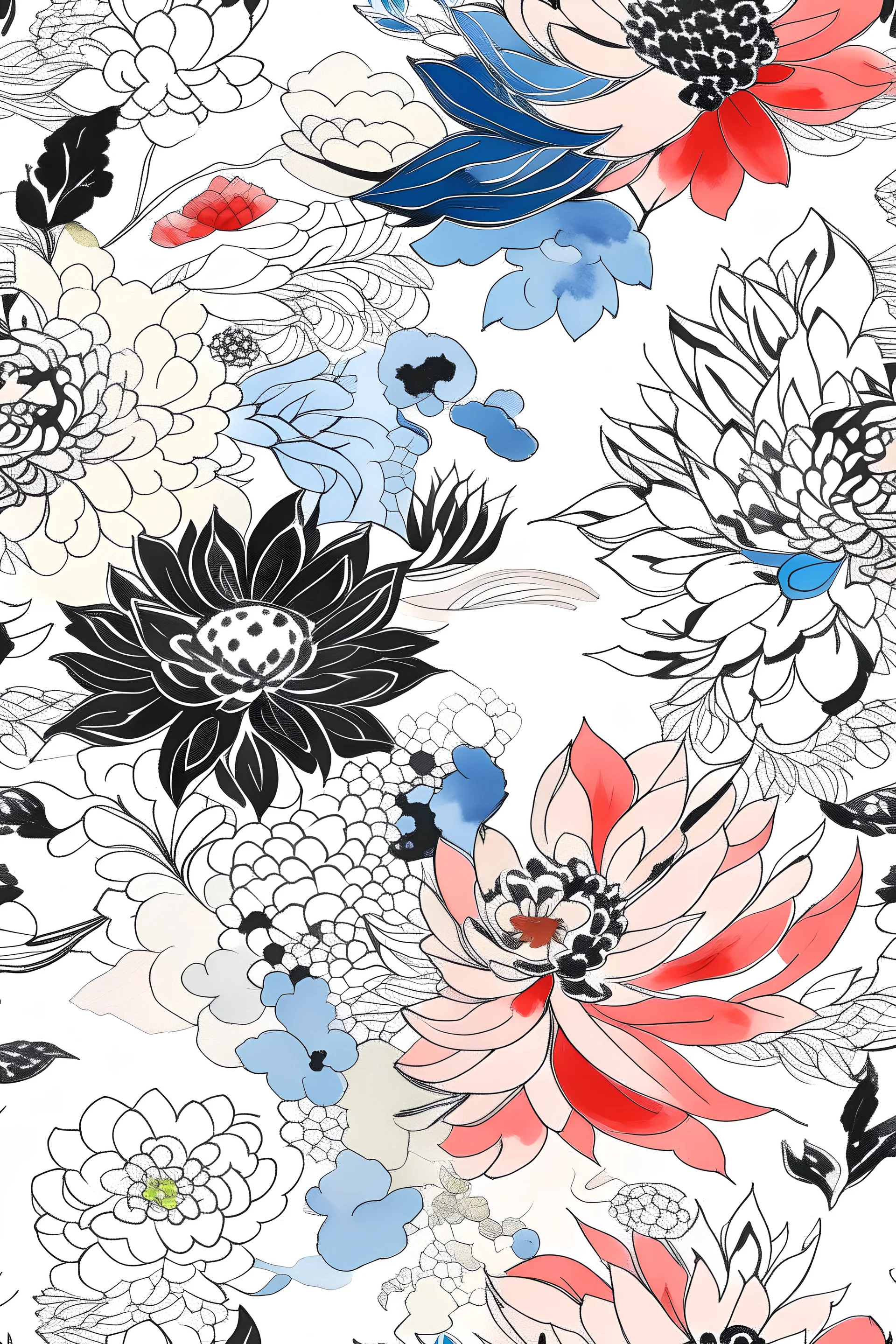 A hand-drawn ink illustration of Japanese floral patterns with a few splashes of watercolour