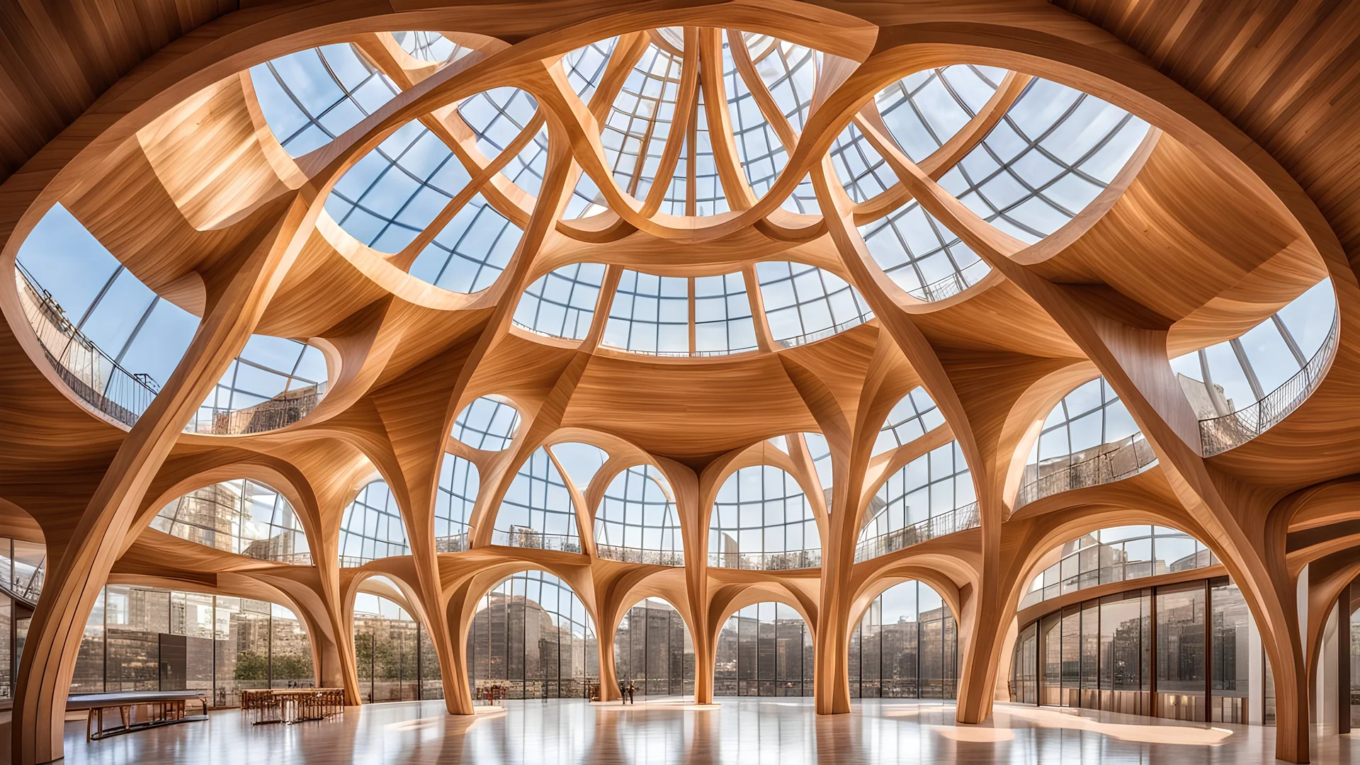 2060 Vista desde el interior de un hermoso e inspirador edificio curvo simétrico construido con elegantes y delgadas vigas de madera entrelazadas, con forma de elegantes parábolas, espirales doradas y círculos. La asombrosa arquitectura simétrica presenta grandes ventanales, una ubicación rural por la noche, estrellas, luciérnagas, montañas distantes, un lago, una suave luz natural perfecta, una fotografía premiada y extremadamente detallada, una hermosa composición, 16k, HDR, enfoque nítido