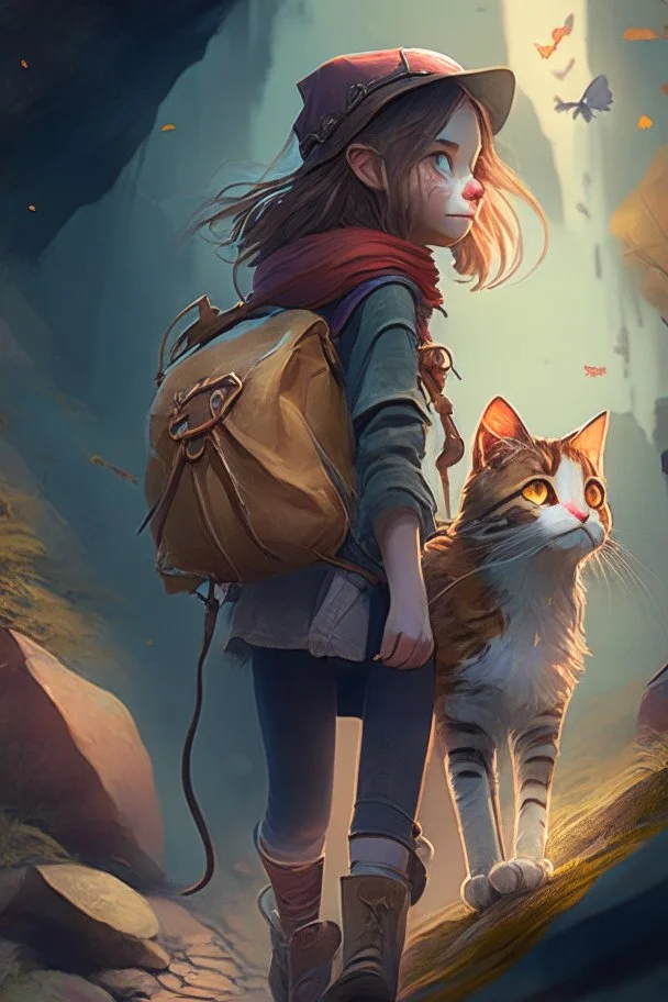 a girl and cat on a adventure, 4k, full detail, high resolution, digitalart