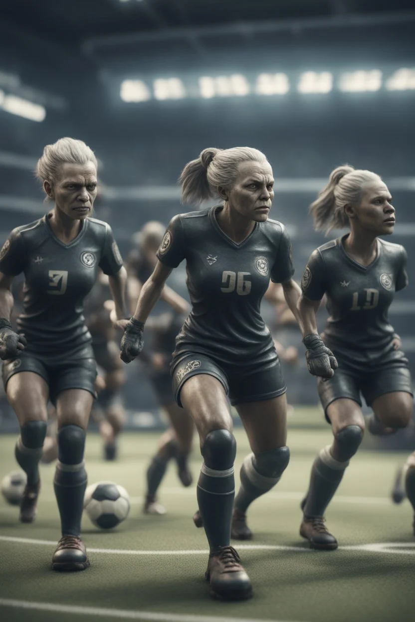 hyper violent ogre women soccer team in the Olympics in the style of Giger and fallout 4 ,,bokeh like f/0.8, tilt-shift lens 8k, high detail, smooth render, down-light, unreal engine
