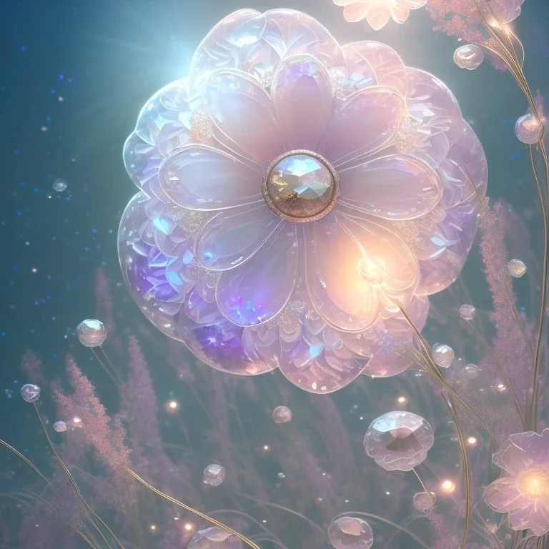 one big crystal subtle flower in a galactic ambiance with a beautiful fairy, transparent petals, delicate colors, in the foreground, full of details, smooth，soft light atmosphere, light effect，vaporwave colorful, concept art, smooth, extremely sharp detail, finely tuned detail, ultra high definition, 8 k, unreal engine 5, ultra sharp focus