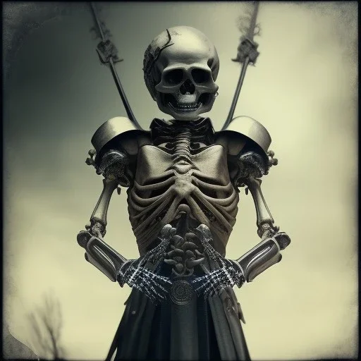 skeleton warrior holding a sword in his hands, steam punk, realistic, made in octane, cinematic, ultra-realistic, extremely detailed octane rendering, 8K, VRAY Super Real ar 2:3, dof photorealistic futuristic 50mm lens hard lighting dark gray tintype photograph, realistic lighting, sepia color