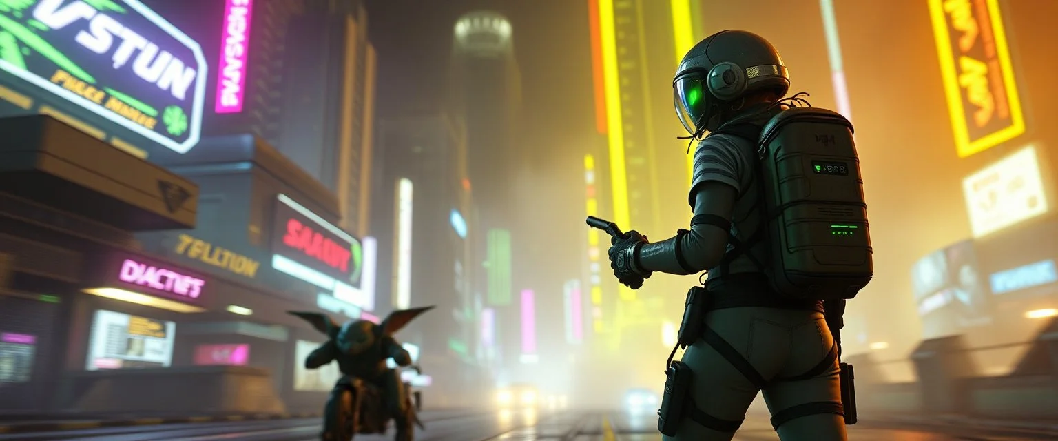 cyberpunk space city, in valley, A space priest rogue cowboy girl biker astronaut with disco ball rocket backpack named Daisy started doing the splits, Blew a fuse in his hips and short-circuited his bits, The Martian fluffy gremlins went wild, the Plutonians dogs screamed, Even black-and-white aliens turned ultraviolet green! in the style of fallout 4 and HR Giger, background motion blur , and volume fog spot lights