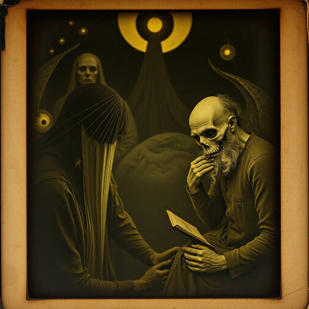 Daguerrotype close up some mysterious figures, odd background, Hieronymus Bosch Max Ernst ambient light, by Minicavio Quollati and Marlost Endgulp, Amano, Botticelli, Alphonse Mucha