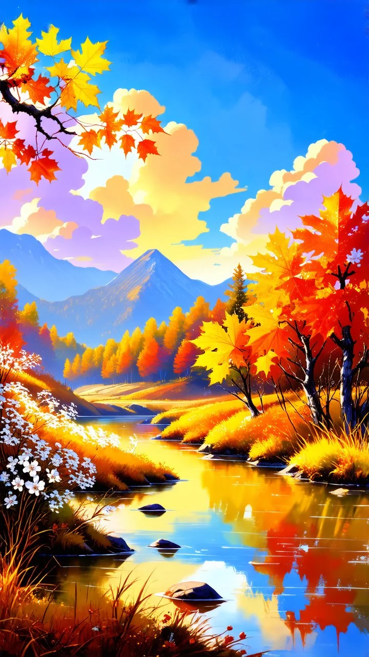 view of autumn mountain landscape at the golden hour with clouds at the sky on a river with autumn branch ,leaves and white flowers on the side ,oil paint style