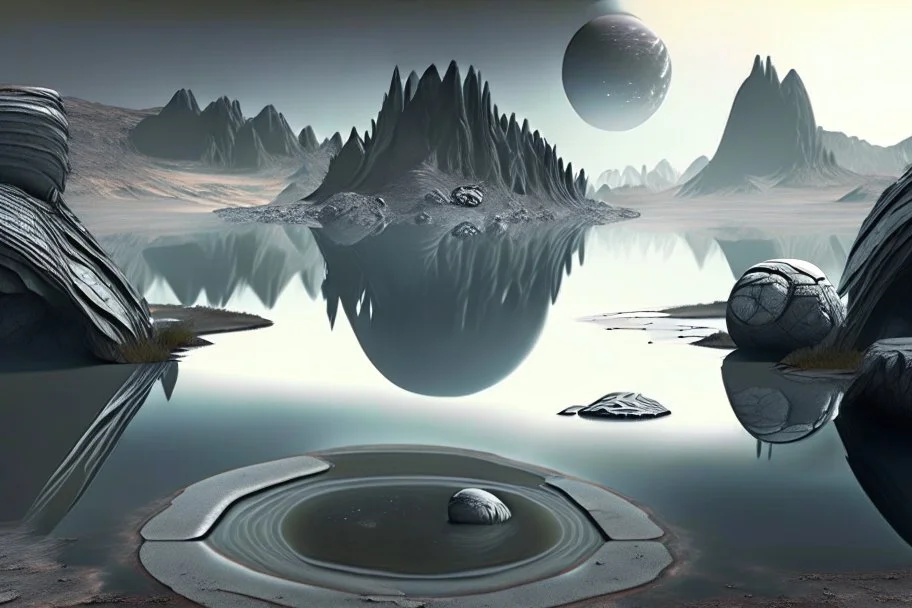 one grey exoplanet, pond, rocky landscape, sci-fi